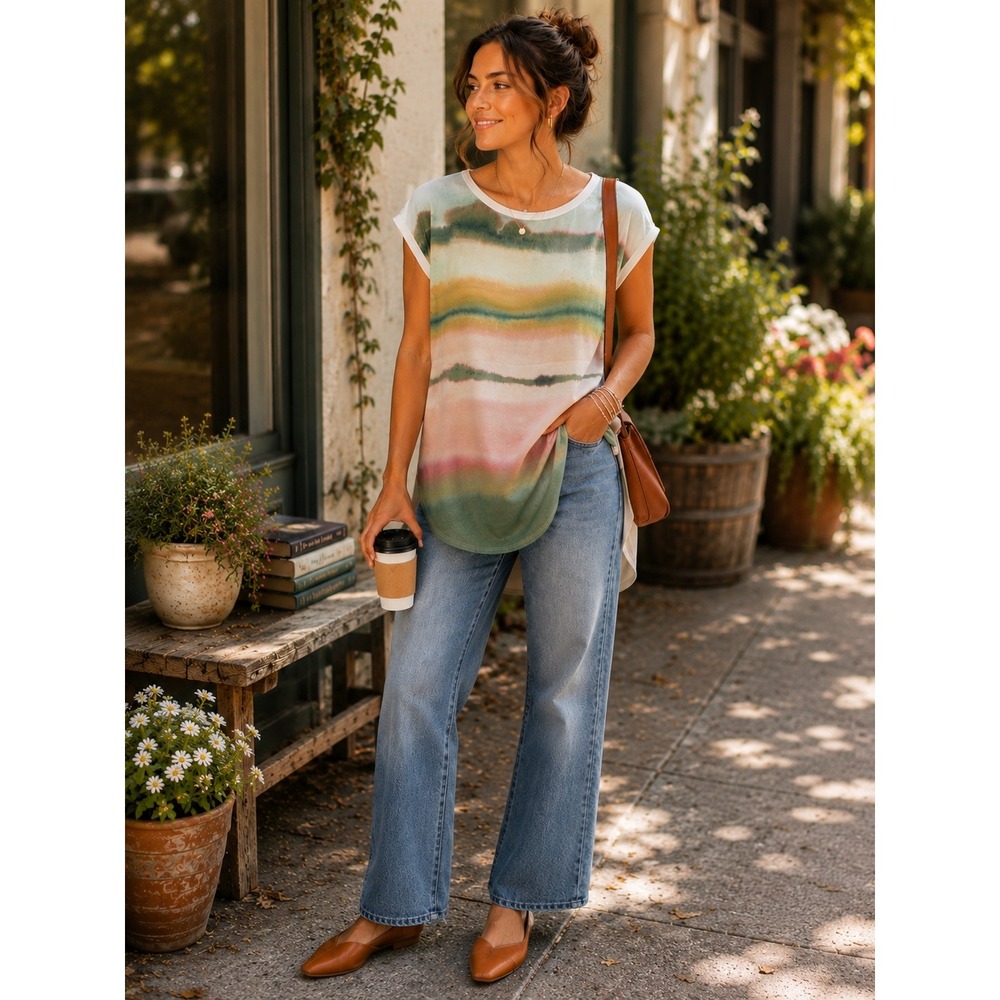 Anthropologie Tuscany Watercolor Landscape Tunic Top Medium Artsy Boho